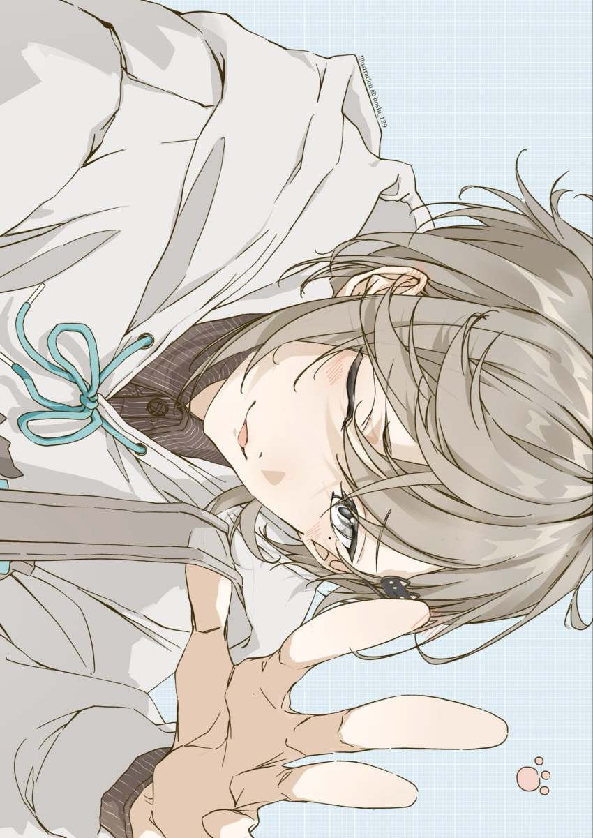 1boy, alternate_costume, brown_hair, cat_hair_ornament, commentary, grey_eyes, grid_background, hair_between_eyes