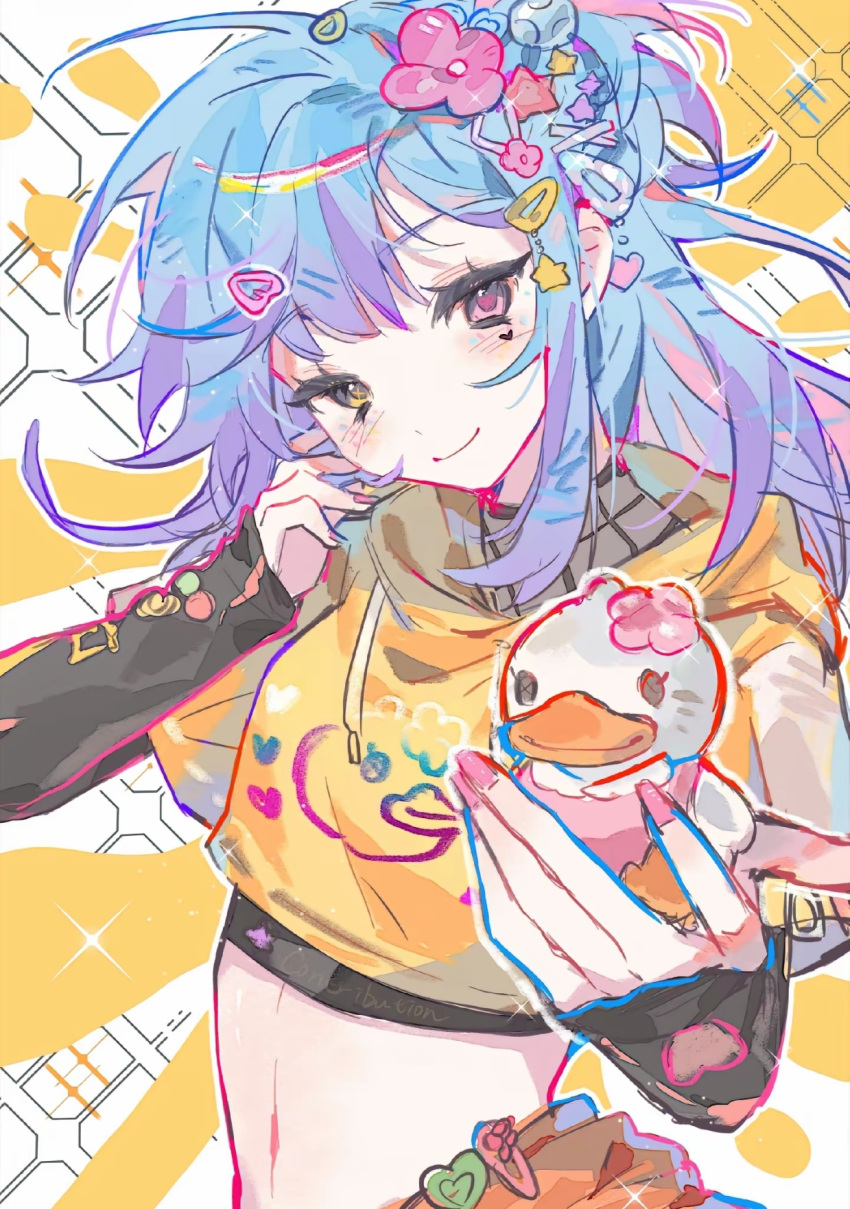 1girl, artist_request, blue_hair, commission, crop_top, cropped_hoodie, facial_mark, floating_hair, gradient_hair, head_tilt, heart, heart_facial_mark, highres, holding_rubber_duck, hood, hoodie, identity_v, layered_sleeves, long_hair, long_sleeves, multicolored_hair, official_alternate_costume, pink_eyes, second-party_source, short_over_long_sleeves, short_sleeves, smile, solo, too_many_hair_ornaments, upper_body, vera_nair, vera_nair_(buffy), yellow_eyes, yellow_hoodie