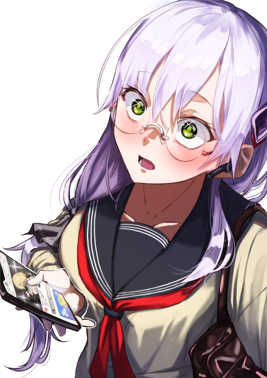 1girl, absurdres, bag, black_sailor_collar, blush, breasts, cellphone, cellphone_photo, collarbone, glasses, green_eyes, grey_hair, hair_between_eyes, hair_ornament, hairclip, heaven_burns_red, highres, holding, holding_phone, izumi_yuki_(heaven_burns_red), kayamori_ruka, kisaragi_yayoi_(ksrg_yayoi), long_hair, long_sleeves, neckerchief, open_mouth, phone, red_neckerchief, ribbon, rimless_eyewear, round_eyewear, sailor_collar, school_bag, school_uniform, serafuku, simple_background, smartphone, solo, upper_body, white_background, white_hair