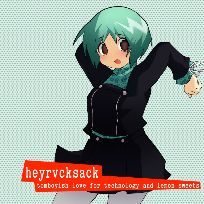 1girl, 2000s_(style), :d, album_cover_redraw, aqua_hair, arms_up, artist_name, derivative_work, floral_print, gekkoukan_high_school_uniform, goreshit, heyrvcksack, highres, leggings, long_sleeves, persona, persona_3, school_uniform, short_hair, smile, white_leggings, yamagishi_fuuka