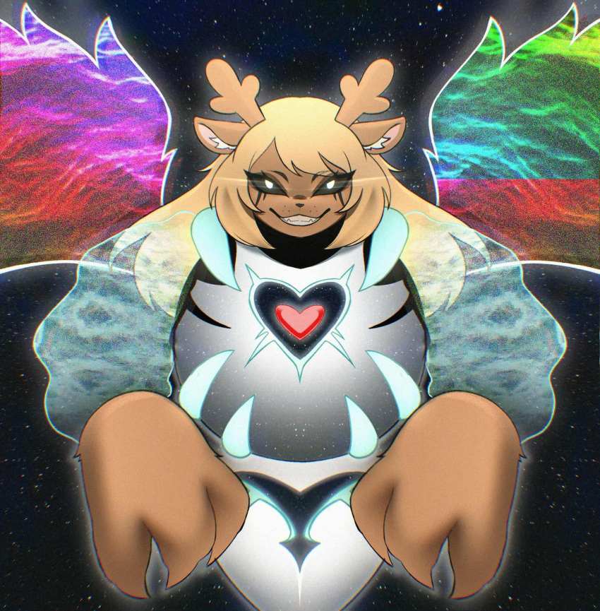 1girl, antlers, asriel_dreemurr, asriel_dreemurr_(god_of_hyperdeath), black_sclera, blonde_hair, brown_fur, brown_hair