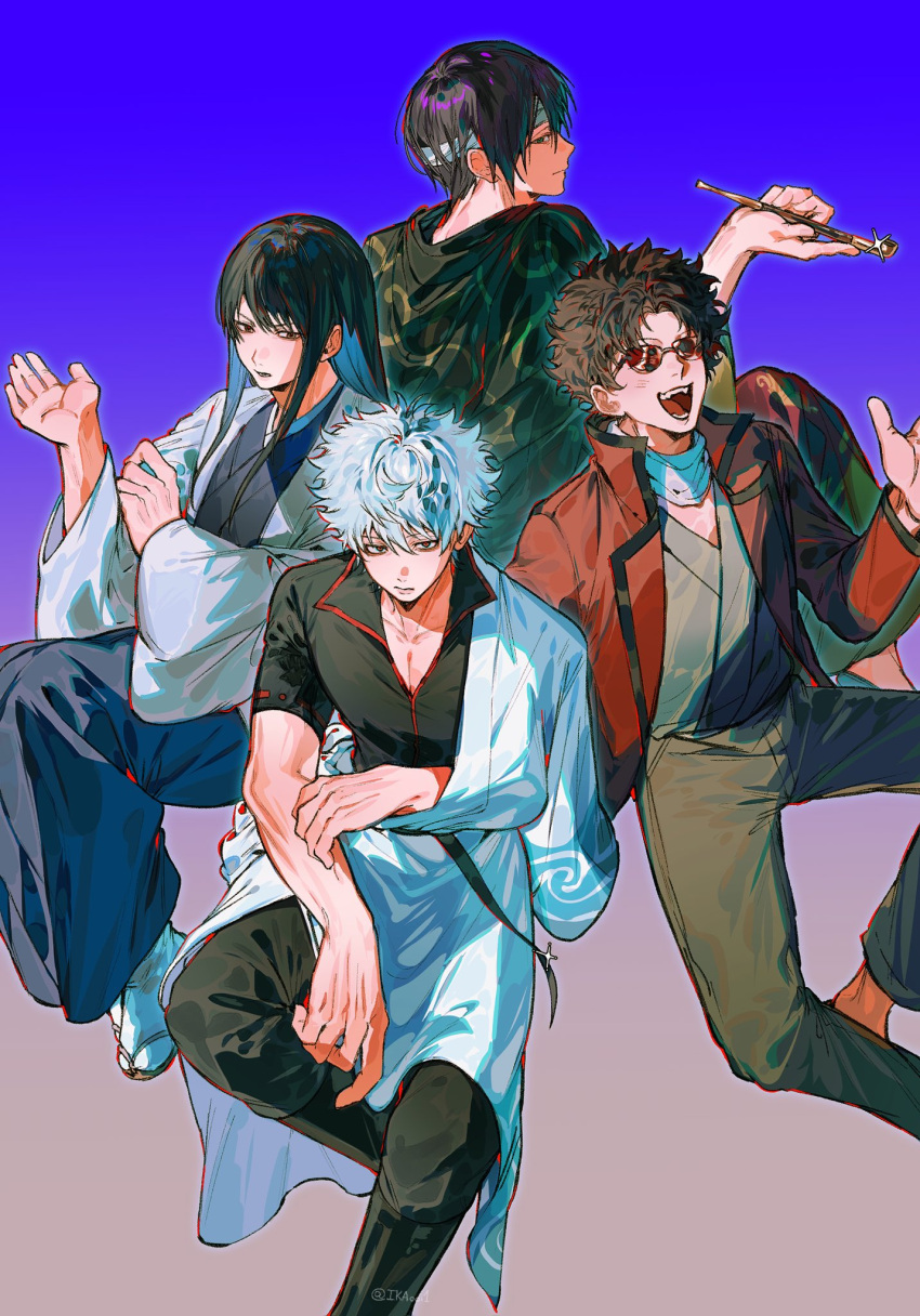 4boys, bandage_over_one_eye, black_hair, black_kimono, black_pants, black_shirt, blue_background, blue_hakama