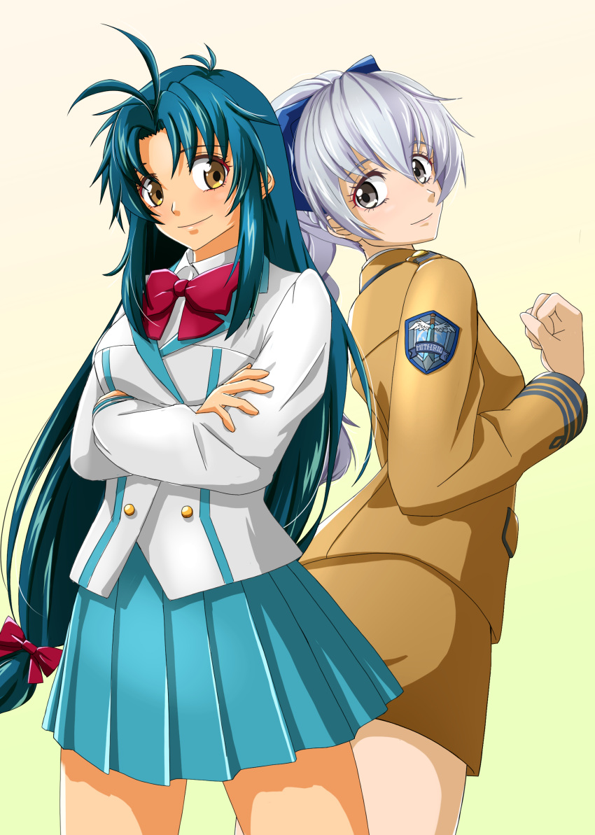 2girls, absurdres, blue_hair, bow, braid, breasts, brown_eyes, brown_shirt