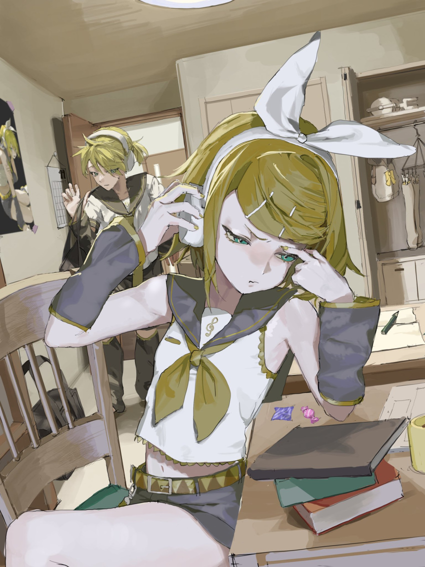 1boy, 1girl, adjusting_headphones, belt, black_shorts, blonde_hair, book, bow