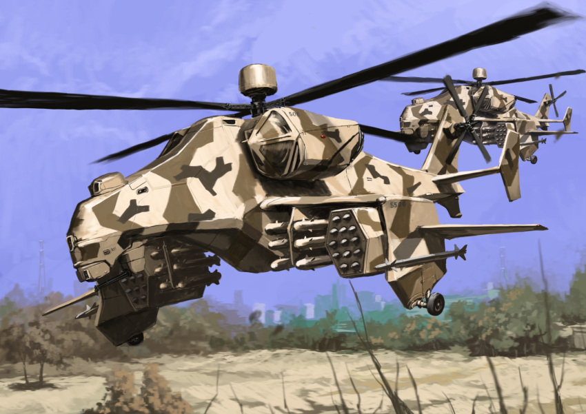 aircraft, attack_helicopter, blue_sky, camouflage, desert_camouflage, flying, gun, helicopter, highres, machine_gun, military_vehicle, missile_pod, no_humans, original, outdoors, sky, tyokugekidato, vehicle_focus, weapon