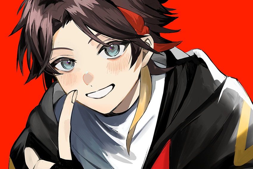 1boy, 8dai, black_jacket, blue_eyes, blush, brown_hair, commentary, grin