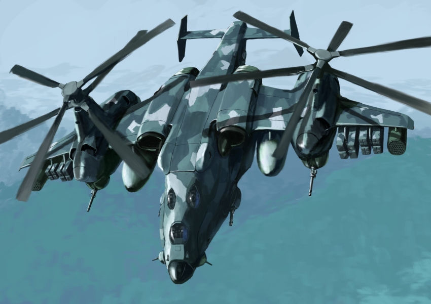 aircraft, attack_helicopter, camouflage, flying, gun, helicopter, highres, machine_gun, mecha, military, military_vehicle, missile_pod, no_humans, original, robot, sky, tyokugekidato, vehicle_focus, weapon, woodland_camouflage