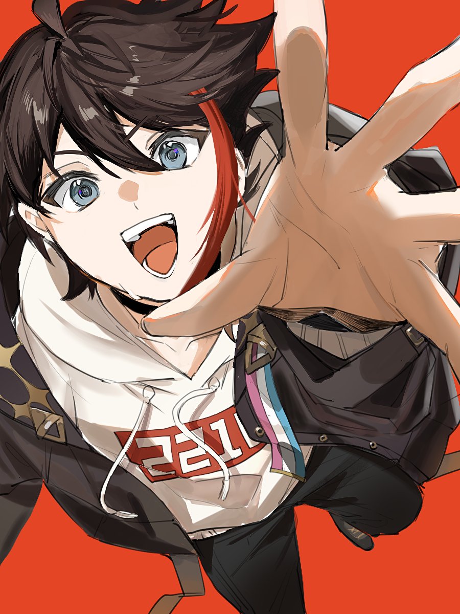 1boy, 8dai, ahoge, arm_up, black_hair, black_jacket, black_pants, blue_eyes