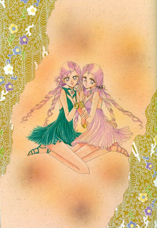 2girls, bishoujo_senshi_sailor_moon, bracelet, choker, curly_hair, dress, flower, hand_holding