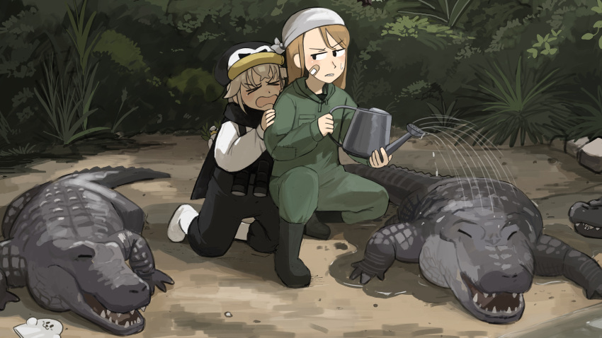 2girls, absurdres, alligator, bandaid, bandaid_on_face, binoculars, bird, black_boots, black_overalls, black_scarf, boots, brown_hair, bush, closed_eyes, crocodile_keeper_(diva), crocodilian, diva_(hyxpk), donut_stamp, duck, english_commentary, green_jacket, green_pants, grey_hair, hat, highres, holding, holding_watering_can, jacket, long_hair, multiple_girls, overalls, pants, penguin_hat, penguin_keeper_(diva), scared, scarf, shirt, short_hair, watering_can, white_boots, white_shirt, zoo, zookeeper, zookeepers_(diva)