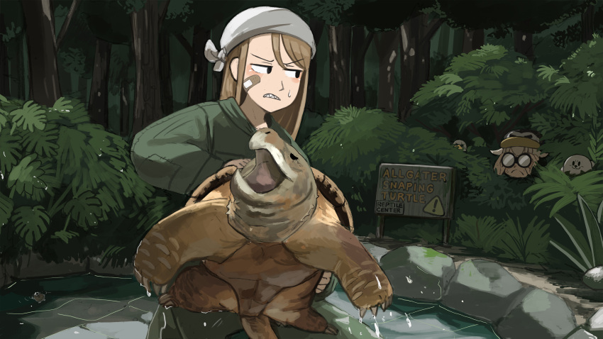 2girls, absurdres, bandaid, bandaid_on_face, binoculars, bird, brown_hair, bush