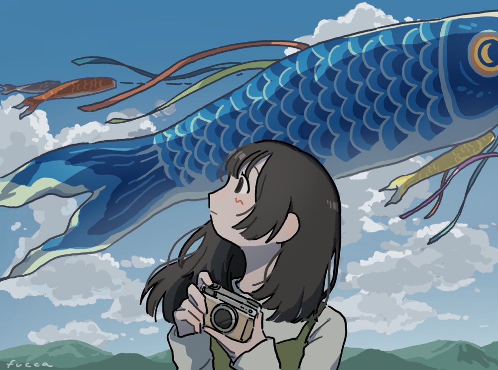 1girl, artist_name, blue_sky, blush, brown_hair, camera, carp, clouds