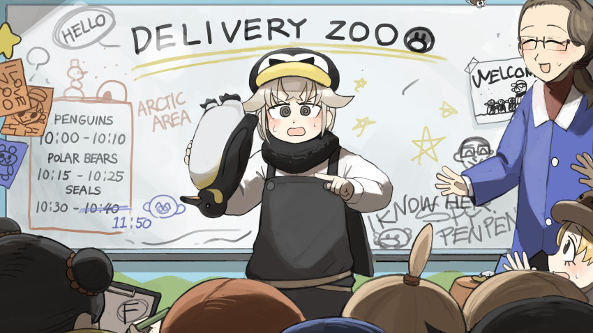 4boys, 5girls, :d, @_@, absurdres, bird, black_hair, black_overalls, blonde_hair, blue_hair, blue_haired_boy_(diva), blue_suit, bob_cut_twin_(diva), brown_hair, diva_(hyxpk), donut_stamp, double_bun, duck, english_commentary, girl_with_fangs_(diva), glasses, grey_hair, hair_bun, hat, highres, holding, holding_pencil, king_penguin, lion_shirt_boy_(diva), multiple_boys, multiple_girls, nervous, overalls, pencil, penguin, penguin_fan_(diva), penguin_hat, penguin_keeper_(diva), red_hair, shirt, smile, suit, survey_girl_(diva), teacher, topknot_twin_(diva), upside-down, white_shirt, whiteboard, zoo, zookeeper, zookeepers_(diva)