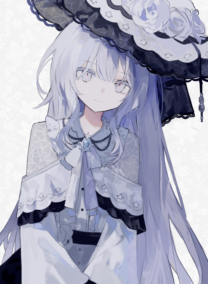 1girl, absurdres, brooch, closed_mouth, cowboy_shot, dress, flower, frilled_dress