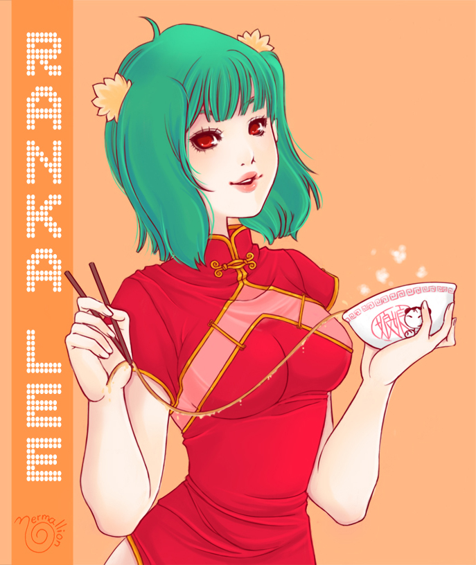 adult, breasts, bunches, china_dress, chinese_clothes, chopsticks, food, green_hair, hair_ornament, lips, macross, macross_frontier, nermallion, noodles, ranka_lee, red_eyes, short_hair, signature, solo, taut_shirt
