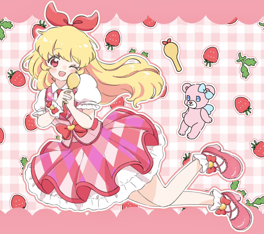 1girl, ;d, aikatsu!, aikatsu!_(series), blonde_hair, bow, bow_hairband, cha_(ntrikti)