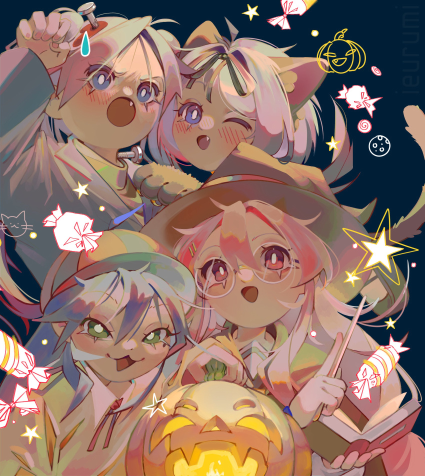 4girls, :3, :d, absurdres, animal_ears, animal_hands, blush, book