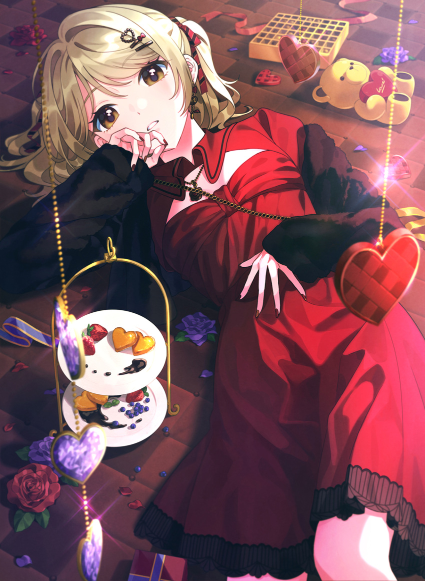 1girl, azusawa_kohane, black_coat, blonde_hair, blueberry, box, box_of_chocolates, brown_nails