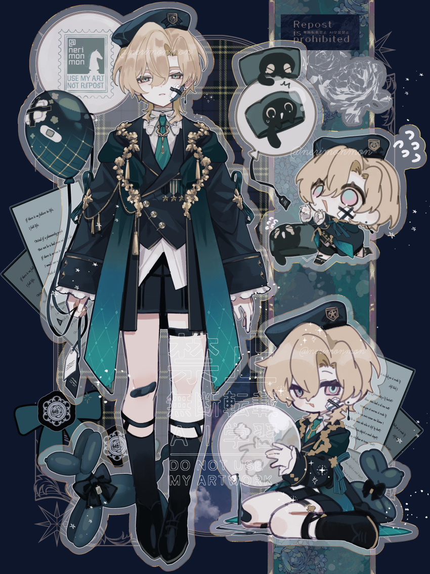 1boy, absurdres, aged_down, alternate_costume, aqua_eyes, aqua_hat, aqua_necktie, aventurine_(honkai:_star_rail)