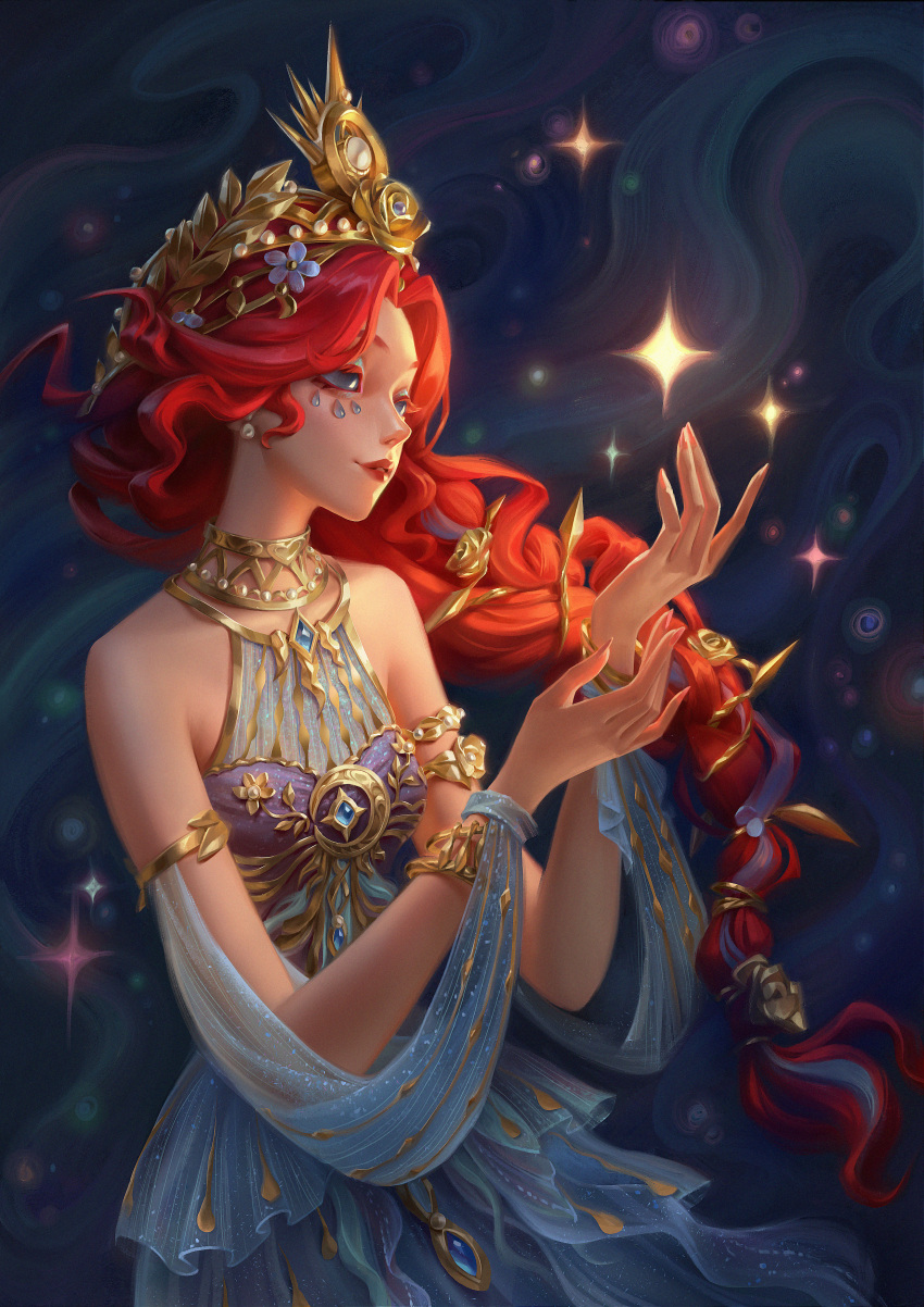 1girl, abstract_background, absurdres, armlet, bangle, bare_shoulders, blue_background, blue_eyes