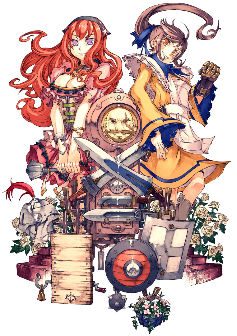 breasts, brown_hair, cleavage, flower, freckles, helmet, long_hair, mace