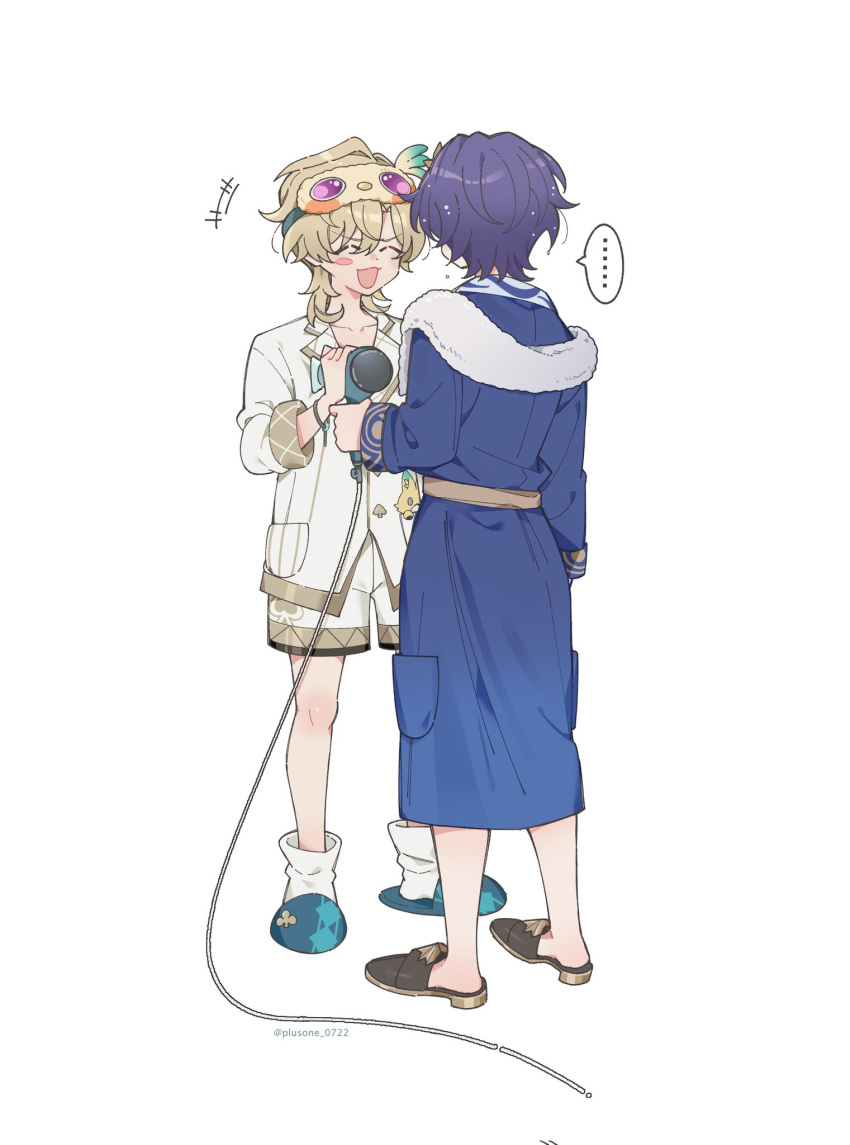 ..., 2boys, :d, ^_^, aged_down, annoyed, aqua_slippers, aventurine_(honkai:_star_rail)