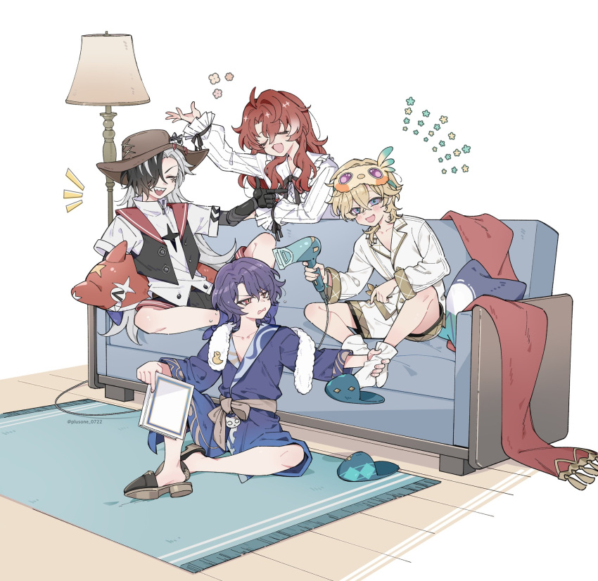 4boys, :d, aged_down, ahoge, annoyed, aqua_slippers, argenti_(honkai:_star_rail), aventurine_(honkai:_star_rail)