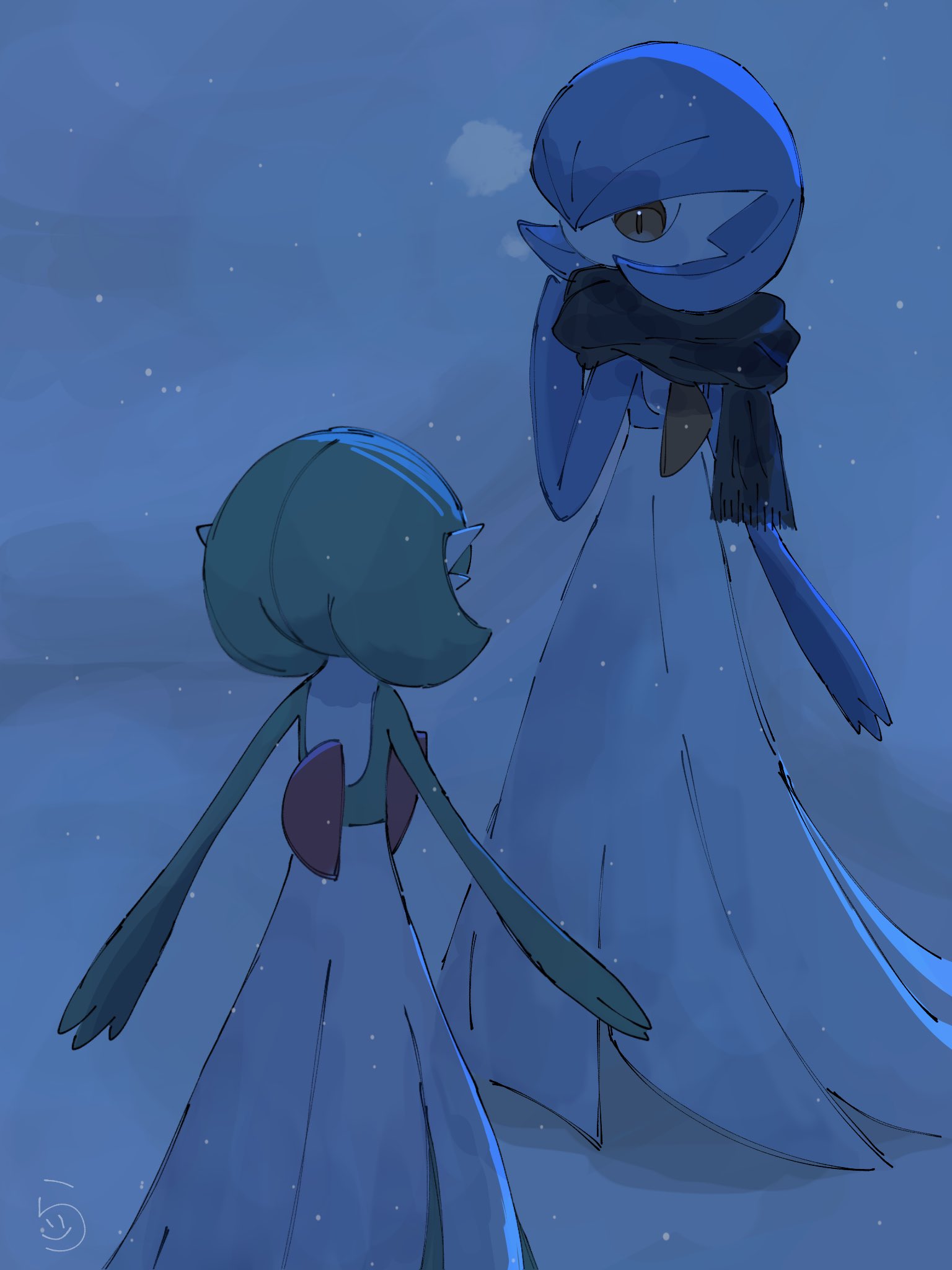 alternate_color, blue_hair, blue_skin, bob_cut, colored_skin, dress, gardevoir, green_hair, green_skin, highres, multicolored_skin, pokemon, pokemon_(creature), raidayo_39, scarf, shiny_pokemon, signature, snow, snowing, two-tone_skin, white_dress, white_skin