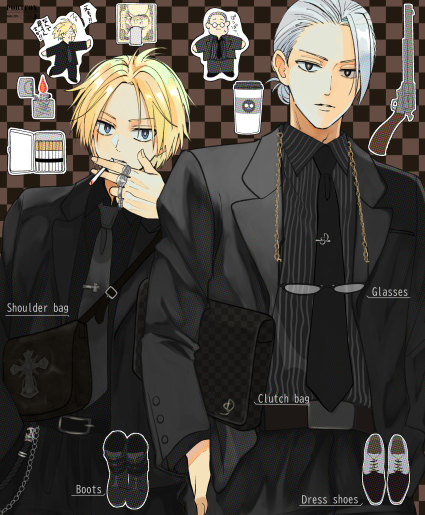 10000_yen_note, 2boys, absurdres, bag, banknote, belt, belt_buckle, ben-day_dots