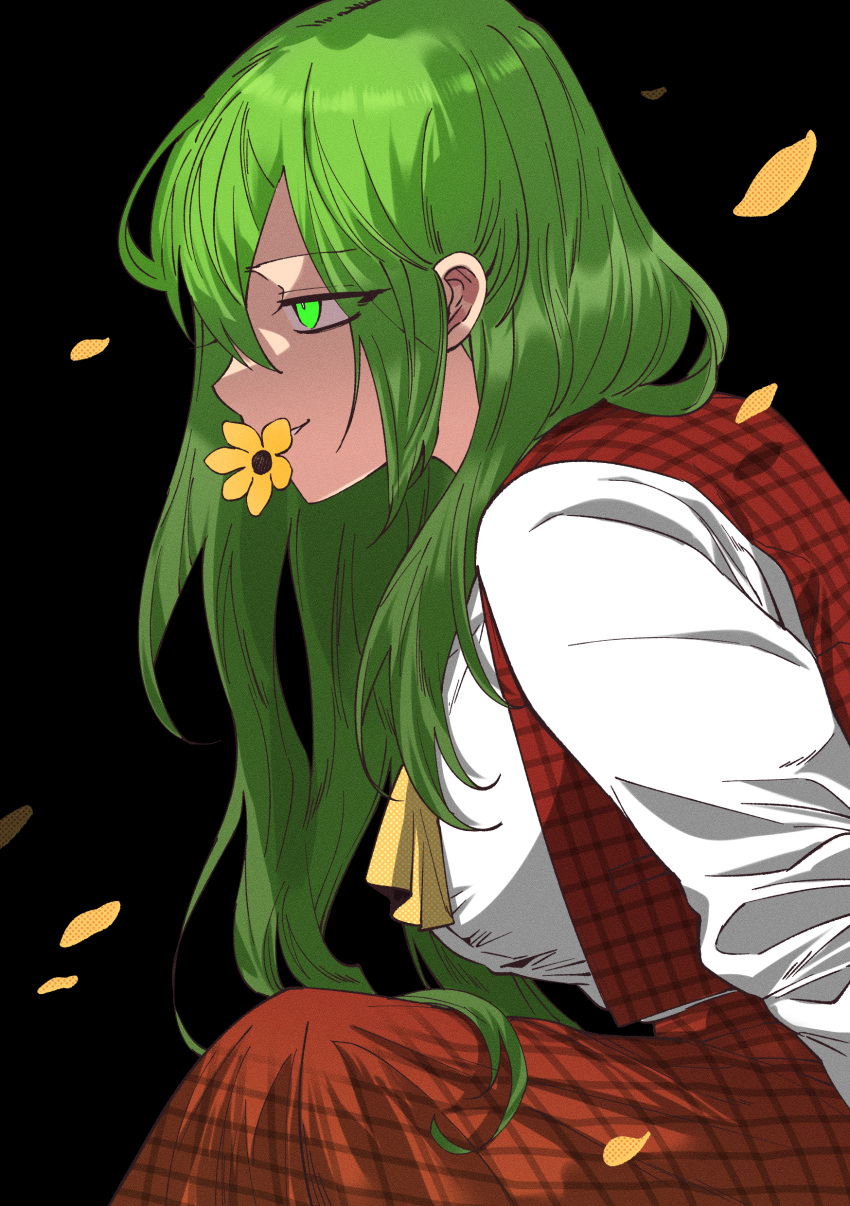 1girl, absurdres, commentary, falling_petals, flower, from_side, green_eyes, green_hair