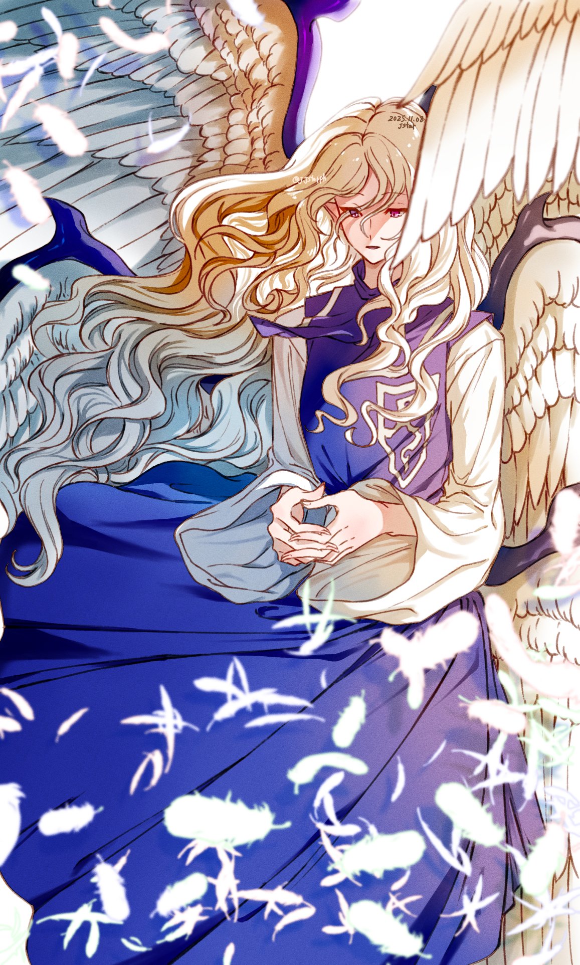 akatsuki_records, angel, angel_wings, blue_dress, blue_eyes, blue_hair, dress, feathered_wings