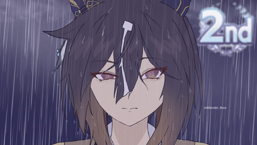 1girl, animal_ears, black_hair, brown_hair, closed_mouth, coat, collared_shirt, earrings