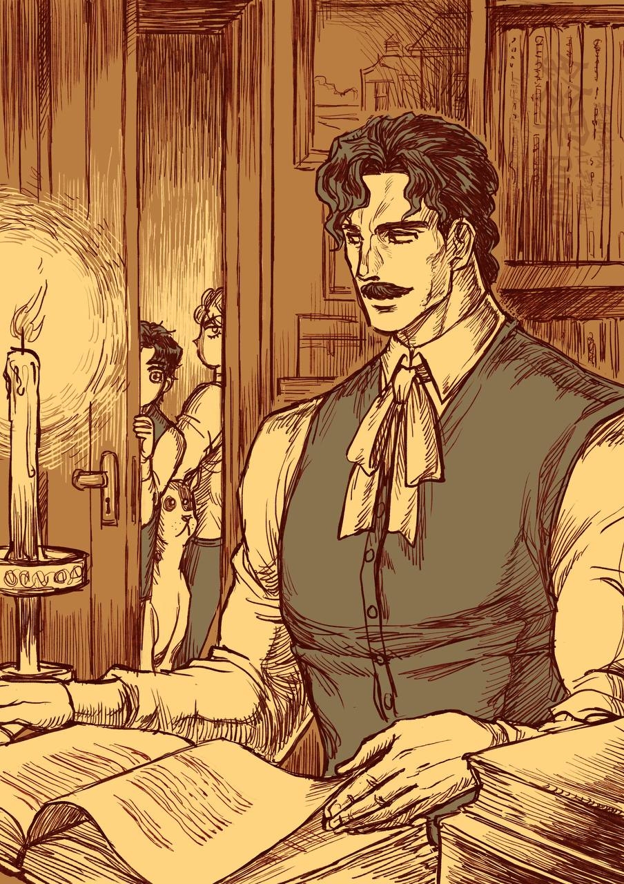 3boys, book, brown_theme, candle, candlelight, candlestand, commentary, danny_(jojo)