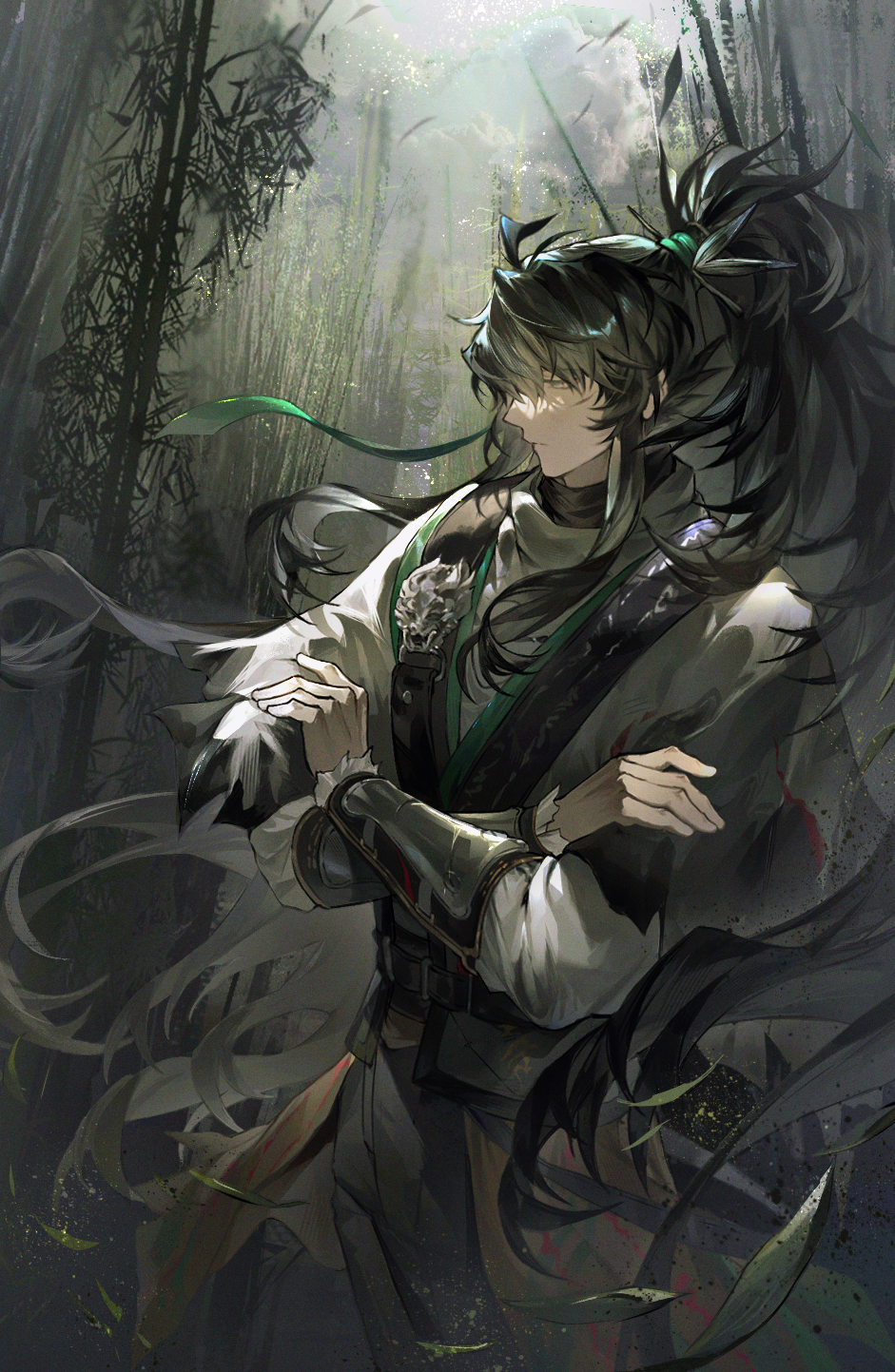 1boy, arm_armor, bamboo, bamboo_forest, black_hair, black_pants, blind, cloak