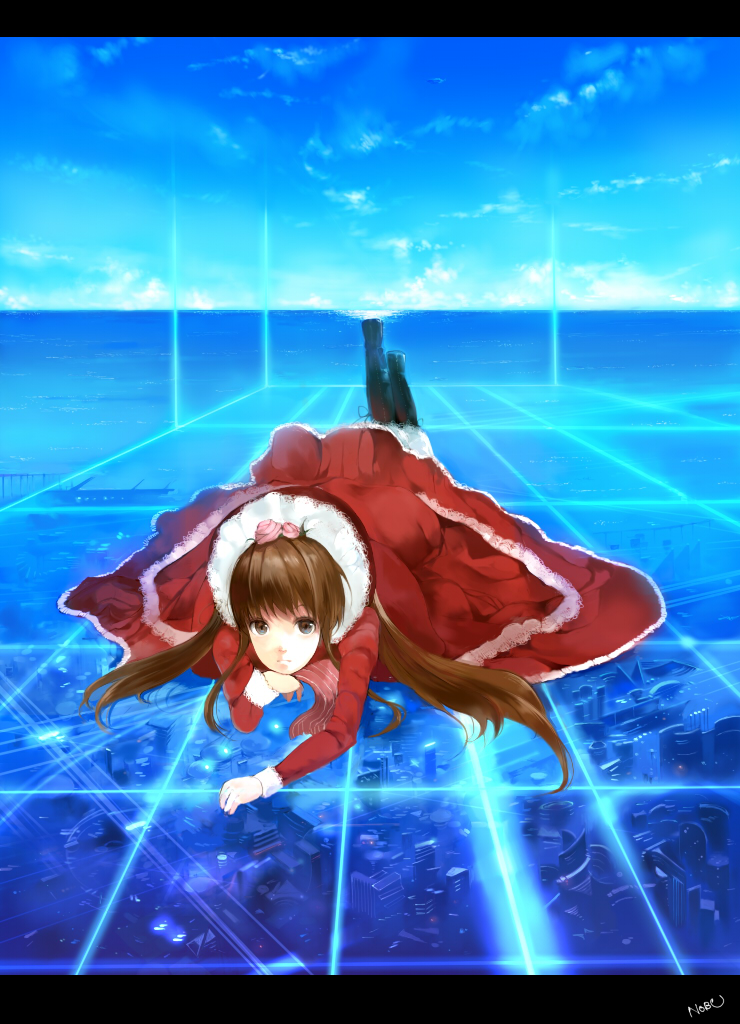 brown_hair, chin_rest, dress, flower, hair_flower, hair_ornament, hood, letterboxed