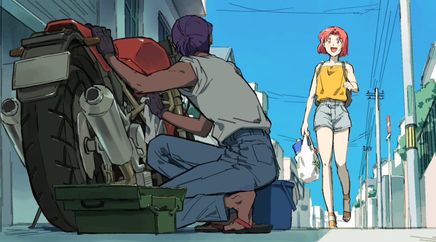 1boy, 1girl, :d, backpack, bag, blue_pants, blue_sky, bucket