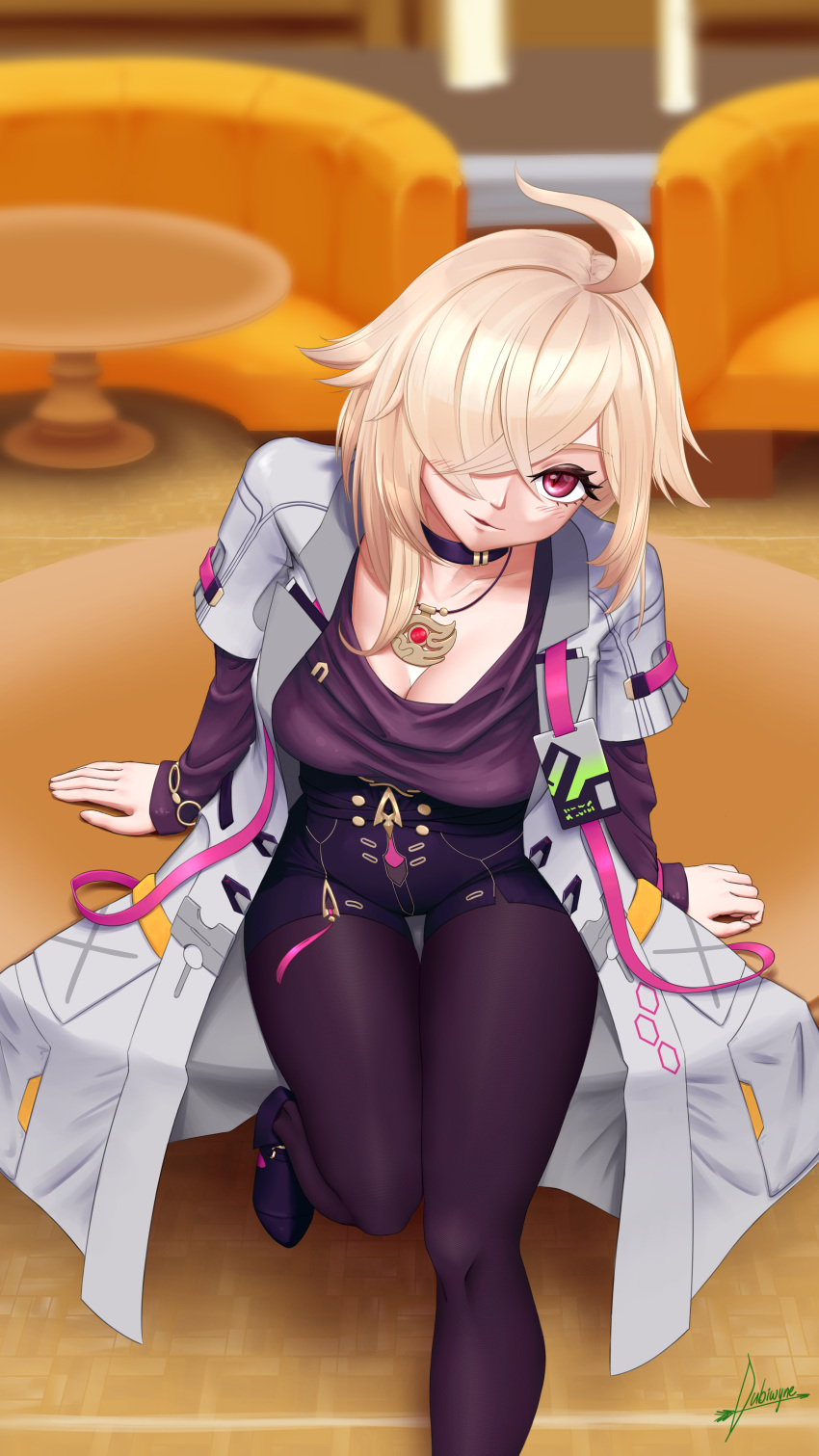 1girl, absurdres, black_choker, blonde_hair, breasts, chenxue_(honkai_impact), choker, dubiwyne, hair_ornament, hair_over_one_eye, highres, honkai_(series), honkai_impact_3rd, long_bangs, long_hair, looking_at_viewer, mature_female, open_mouth, original, red_eyes, shirt, short_sleeves, thighs