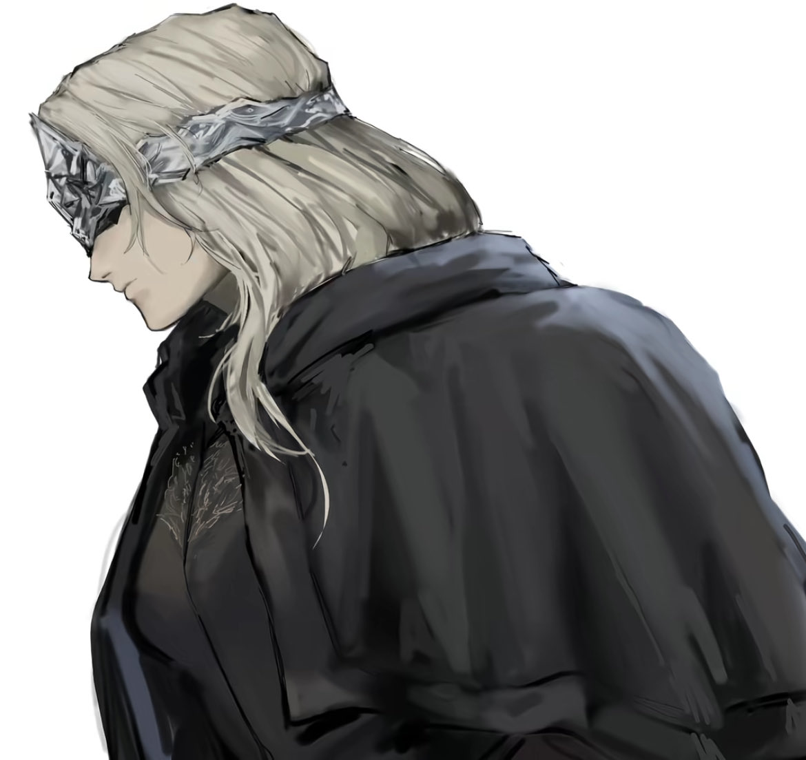 1girl, ashen6621, black_dress, blindfold_mask, blonde_hair, breasts, cape, capelet