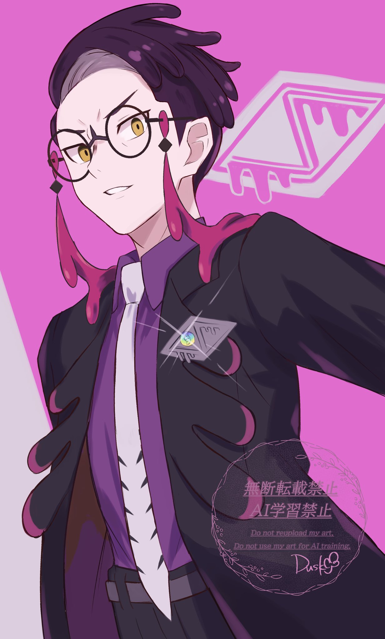 1boy, black-framed_eyewear, black_hair, black_jacket, black_pants, collared_shirt, corbeau_(pokemon), dusk_poke27