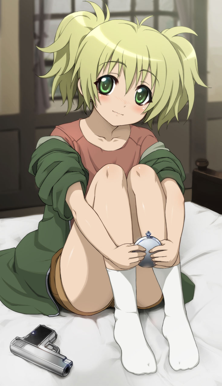 blonde_hair, blush, cal_devens, footwear, green_eyes, gun, highres, ookuma_(nitroplus)