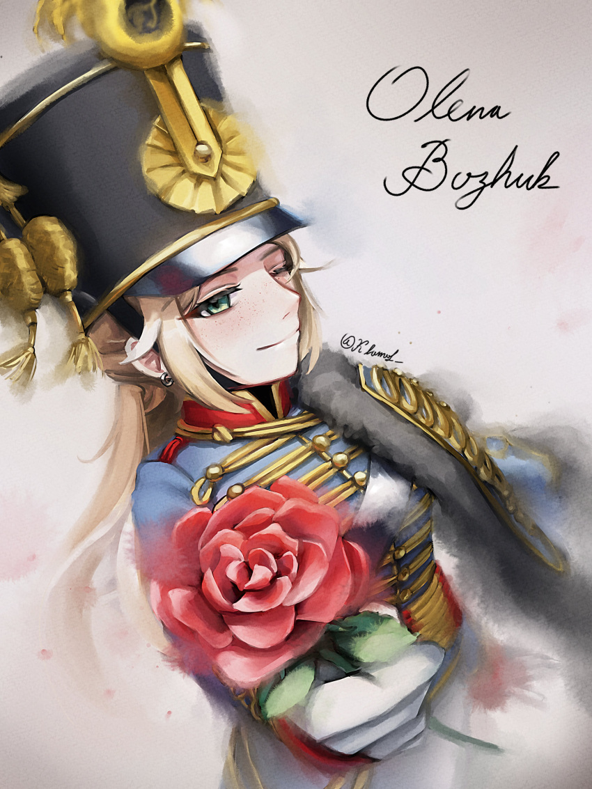 1girl, absurdres, artist_name, blonde_hair, blue_eyes, capelet, character_name, earrings