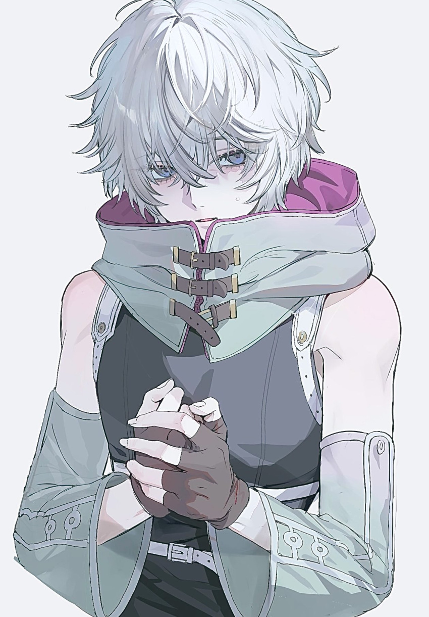 1boy, bare_shoulders, belt, black_shirt, commentary, crossed_bangs, detached_hood, detached_sleeves