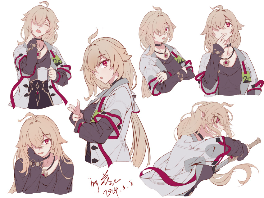 1girl, chenxue_(honkai_impact), choker, hair_ornament, hair_over_one_eye, hand_up, hands_up, highres