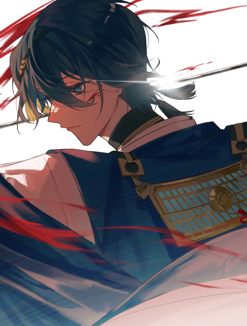 1boy, absurdres, armor, black_hair, blood, blood_on_face, blood_splatter, blue_eyes