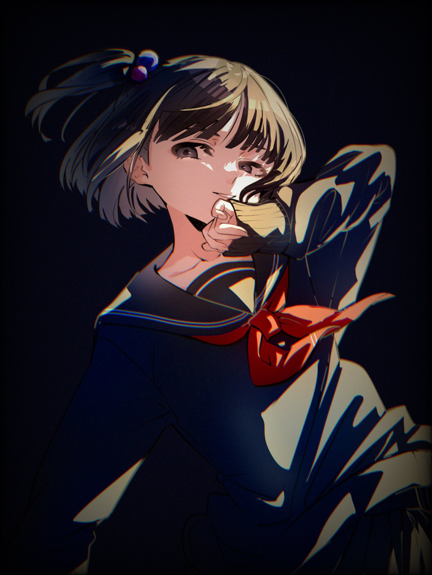 1girl, amemori_sayo, amemori_sayo_(1st_costume), arm_up, black_background, black_hair, black_sailor_collar, black_serafuku