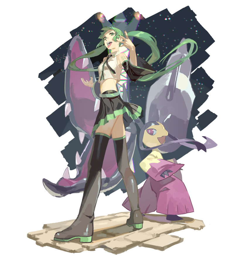 1girl, absurdres, aqua_eyes, aqua_hair, bare_shoulders, big_hair, black_hair, black_nails