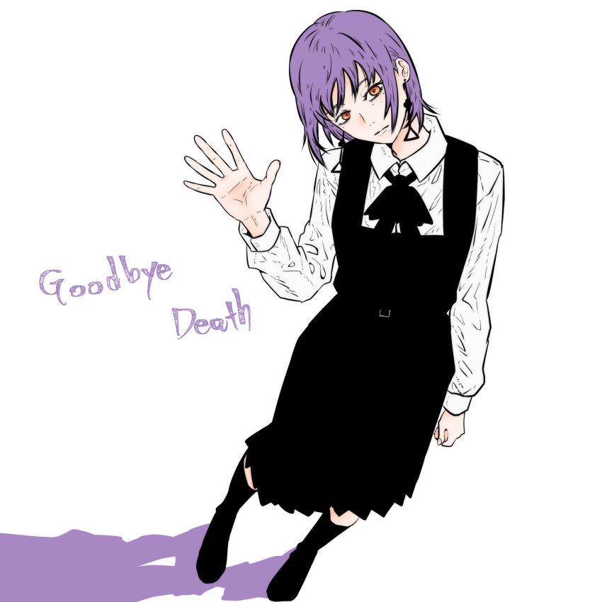 1girl, black_dress, black_ribbon, chainsaw_man, closed_mouth, collared_shirt, death_devil_(chainsaw_man), dress, fami_(chainsaw_man), fourth_east_high_school_uniform, head_tilt, highres, isuke_(isuke_now), long_sleeves, neck_ribbon, pinafore_dress, purple_hair, ribbon, school_uniform, shadow, shirt, sleeveless, sleeveless_dress, solo, violet_eyes, waving, white_shirt