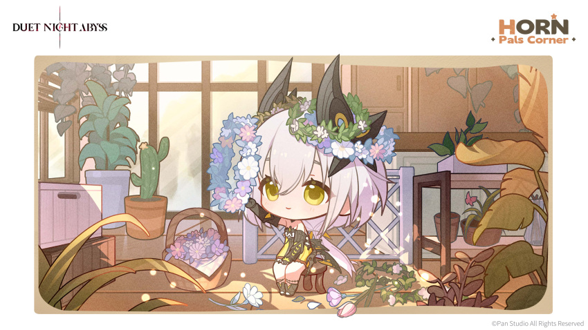 1girl, basket, black_shoes, box, cactus, chibi, chibi_only, closed_mouth