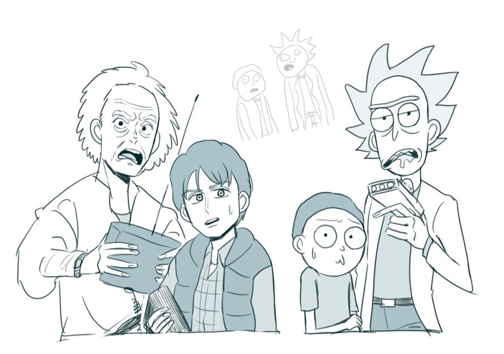 6+boys, back_to_the_future, belt, crossover, dual_persona, emmett_brown, lab_coat, marty_mcfly, morty_smith, multiple_boys, old, old_man, open_mouth, portal_gun_(rick_and_morty), rick_and_morty, rick_sanchez, satou_(ultrmngrtsrt), simple_background, white_background