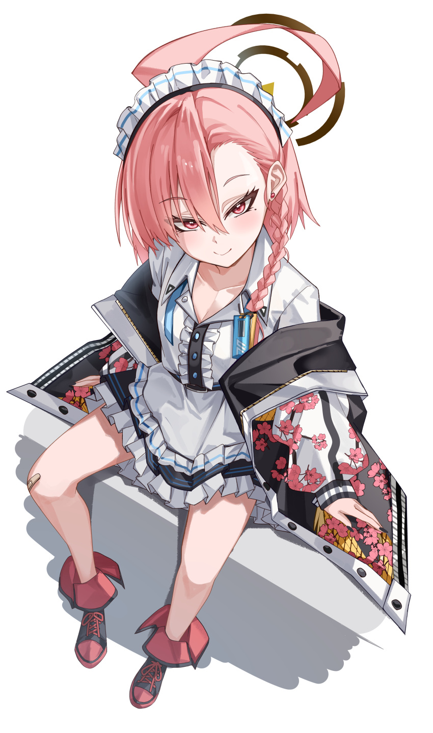 1girl, absurdres, ahoge, apron, bandaid, bandaid_on_knee, bandaid_on_leg, black_halo